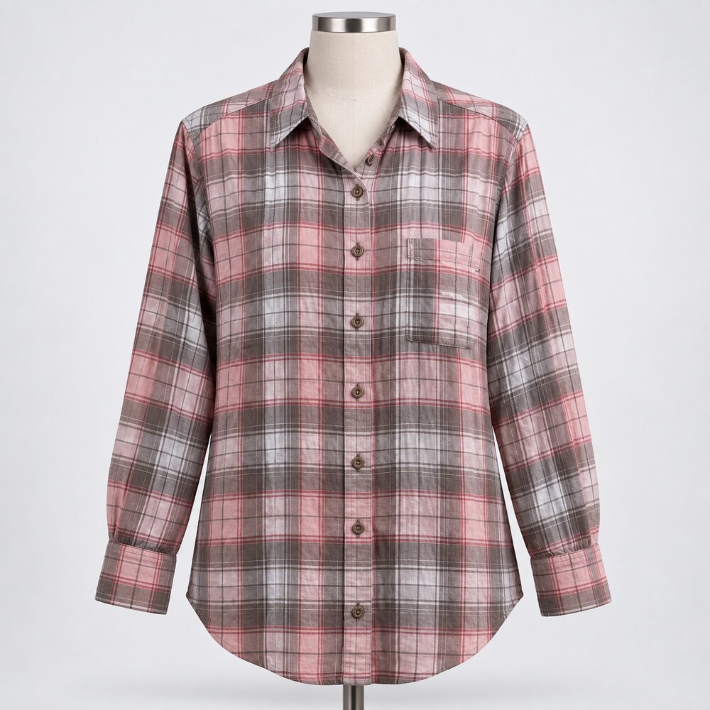 Lands' End Mens Large Pink Taupe Plaid Shirt Long Sleeve Button Down